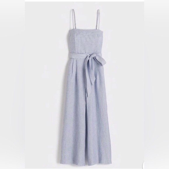 NWOT J Crew 100% Linen Blue and White Pinstriped Jumpsuit with Tie Belt - Picture 1 of 7